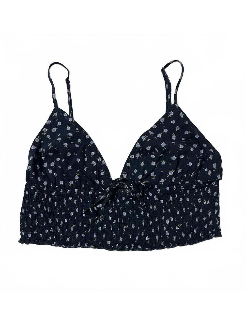 Garage Size M Navy Blue Floral Smocked Cami Keyhole Tie Front Cropped Tank Top